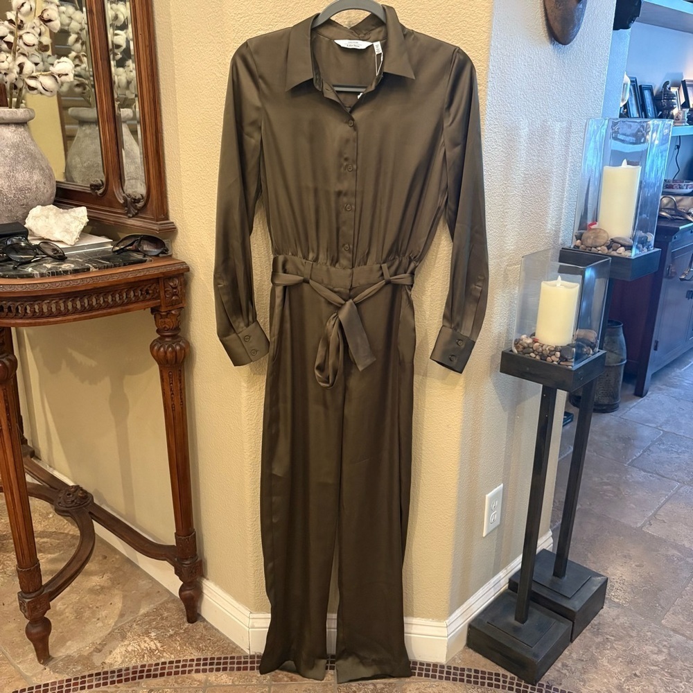 NWT~& OTHER STORIES Olive Green Button Tie Waist Long Sleeve Jumpsuit Size 4